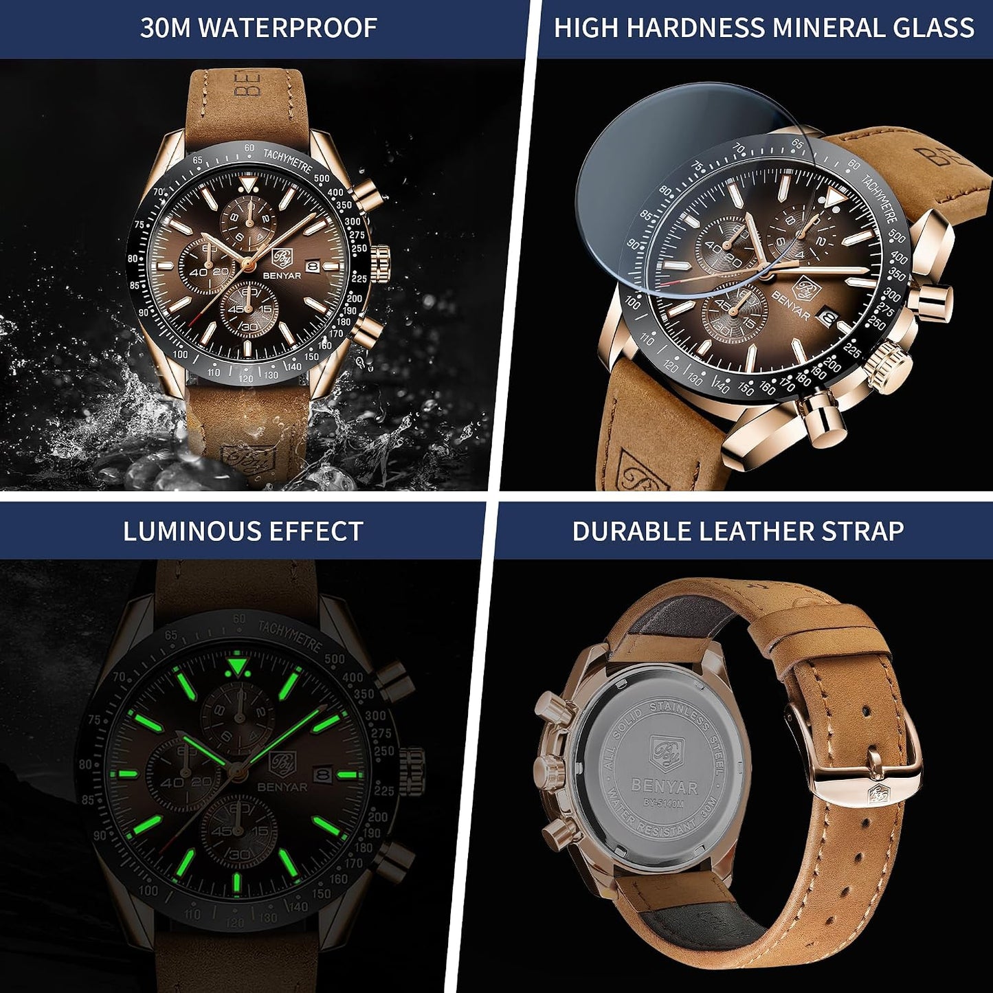 HOTBENYAR Watch for Men Analog Quartz Chronograph Waterproof Luminous Designer Mens Wrist Watches Business Work Sport Casual Dress Watch with Silicone Strap Elegant Gifts for Men