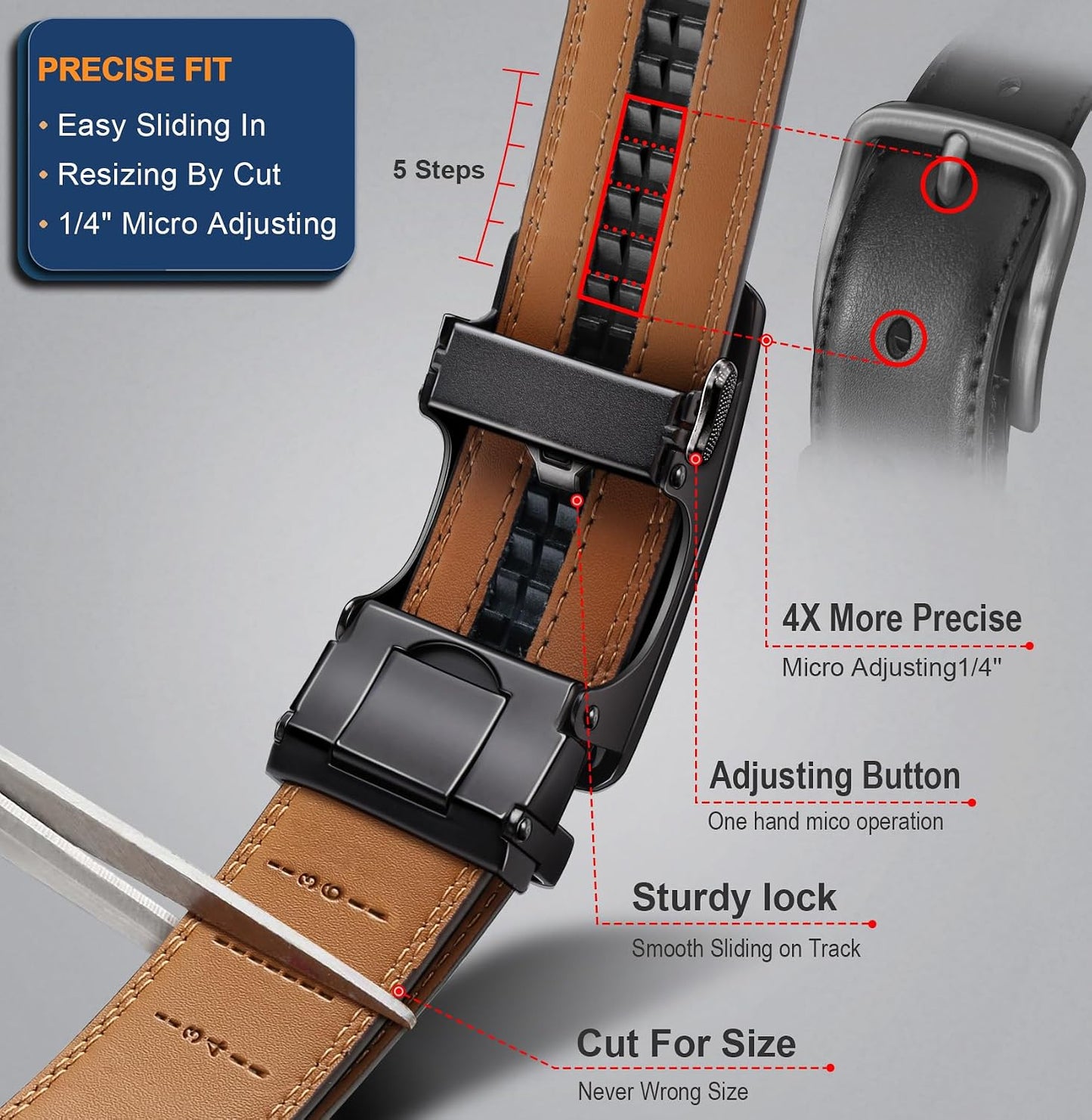 HOTBULLIANT Men's Ratchet Leather Belt Trimmable 2Pack 1 3/8"-Gift Boxed | Smooth Sliding | Precise Fit | Tailored Size | Holeless for Dress or Casual