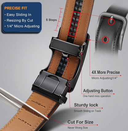 HOTBULLIANT Men's Ratchet Leather Belt Trimmable 2Pack 1 3/8"-Gift Boxed | Smooth Sliding | Precise Fit | Tailored Size | Holeless for Dress or Casual