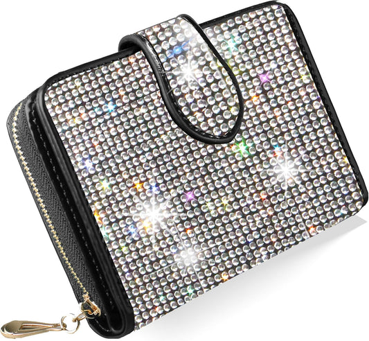 HOTBling Rhinestone Small Womens Wallet Girls Clutch Artificial Diamond Purse Credit Card ID Coin Holder W/Zipper Silver/White