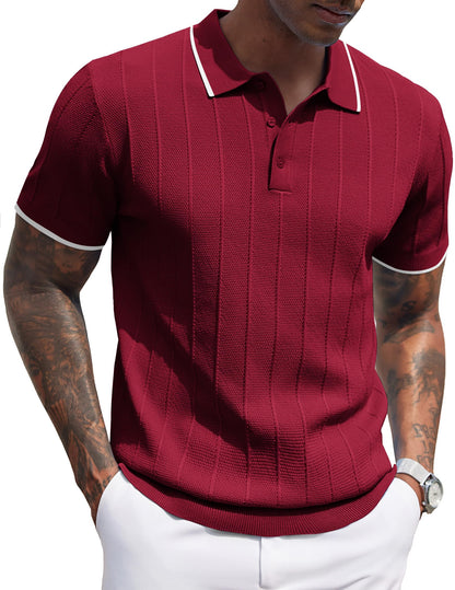 HOTCOOFANDY Mens Knit Polo Shirts Short Sleeve Ribbed Textured Polo Shirt Lightweight Casual Golf Shirts Collared T Shirt