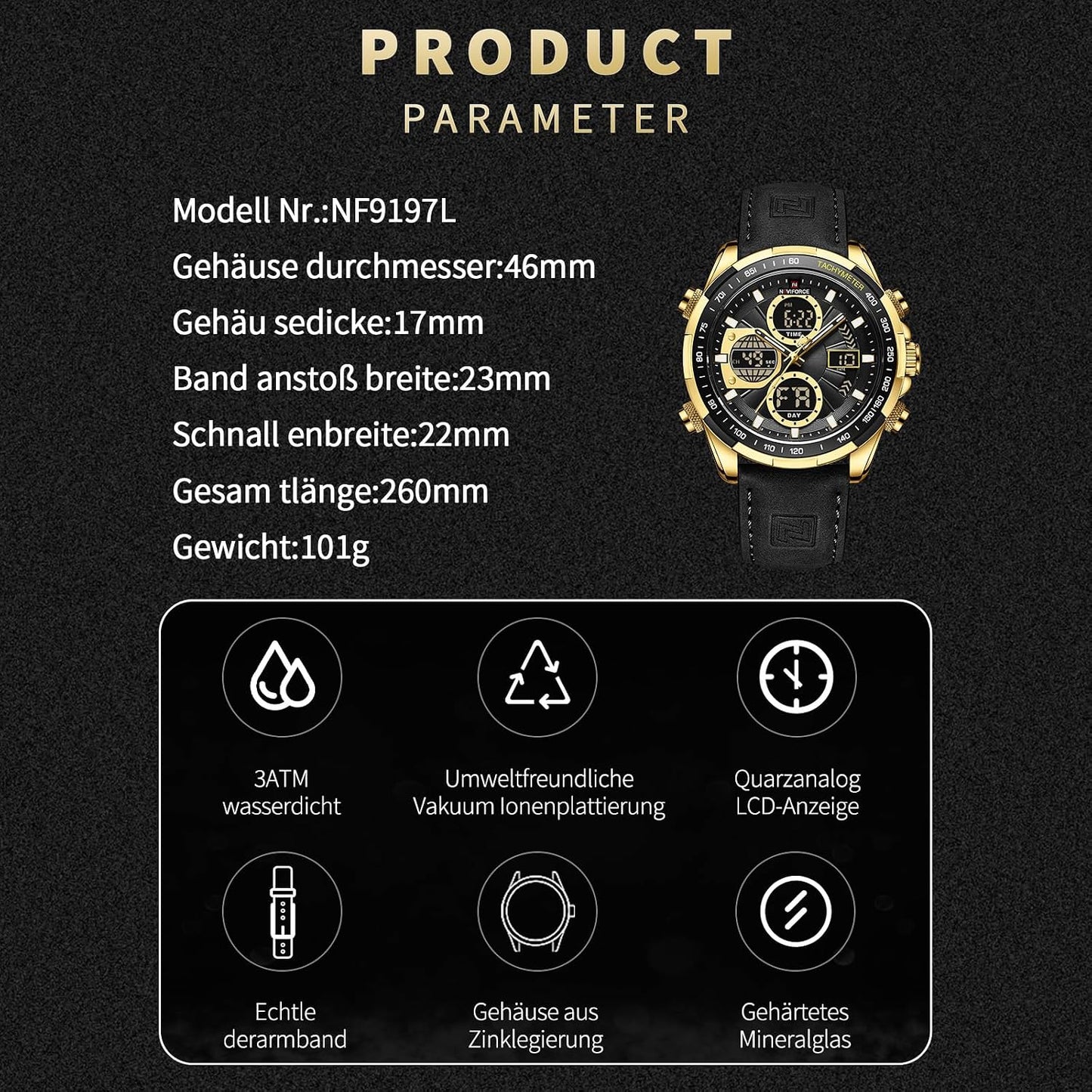 HOTNAVIFORCE Men's Military Digital Watches Analog Quartz Waterproof Watch Sport Multifunctional Leather Wristwatch