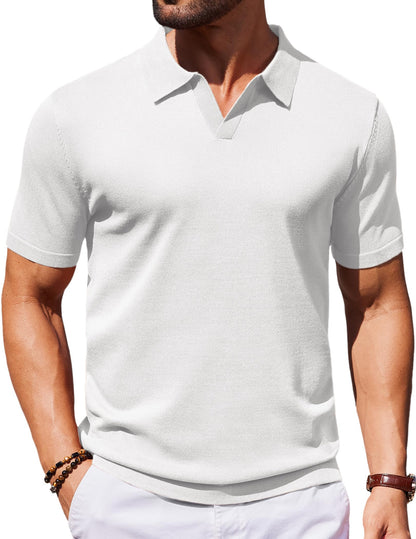 HOTCOOFANDY Men's V Neck Short Sleeve Stretch Knit Polo Shirt