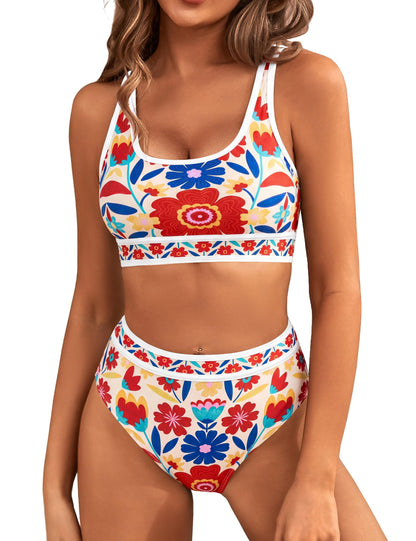 HOTBMJL Women's High Waisted Bikini Sets Sporty Two Piece Swimsuits Color Block Tummy Control Modest Bathing Suit
