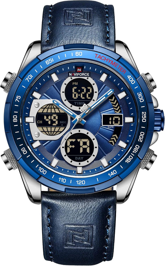 HOTNAVIFORCE Men's Military Digital Watches Analog Quartz Waterproof Watch Sport Multifunctional Leather Wristwatch