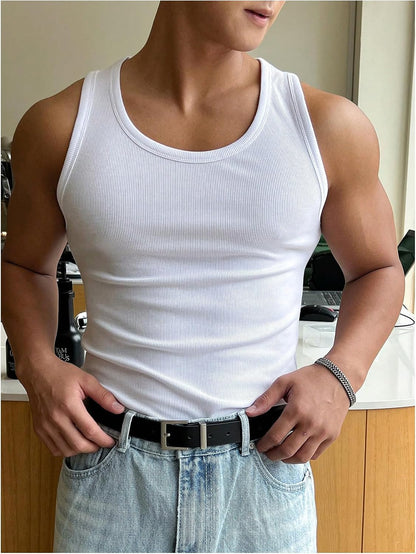 HOTCOZYEASE Men's Summer Sleeveless Tank Top Workout Gym Muscle Tank T Shirt | Workout Gym Casual Wear, Summer Basic Undershirt, Ribbed Knit Fabric, White Tank Top for Men