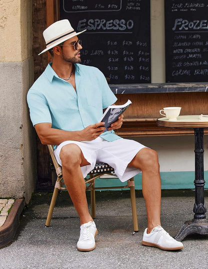 HOTCOOFANDY Men's Button Down Short Sleeve Shirt Casual Cotton Summer Beach Linen Wedding Shirts with Pocket