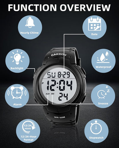 HOTCakCity Men's Digital Sports Watch,50M Water Resistant,50mm Large Face,Stopwatch,Alarm,EL Backlight,Black,Ideal for Sport,Referee,Outdoor Work,Running Training & Daily Wear
