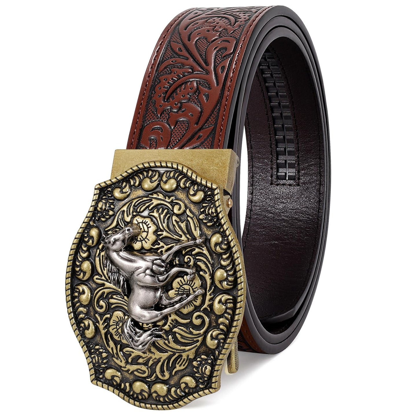 HOTSANSTHS Western Cowboy Ratchet Belts for Men Women Leather Cowboy Belt with Automatic Western Buckle for Jeans Gifts