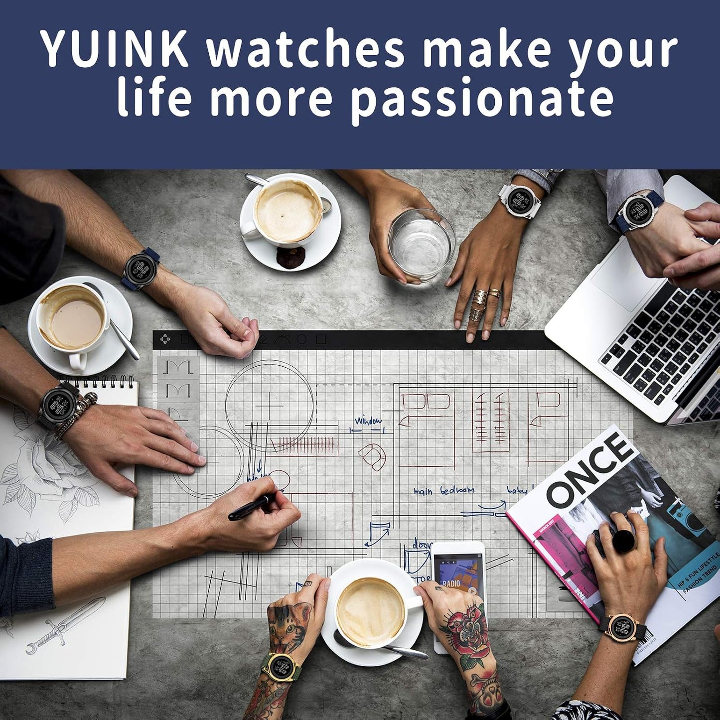 HOTYUINK Mens Watch Ultra-Thin Digital Sports Watch Waterproof Stainless Steel Fashion Wrist Watch for Men Women