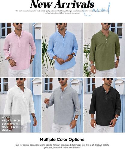 HOTRyannology Mens Linen Shirts Casual Cotton 3/4 Sleeve Regular-Fit Henley T-Shirt Summer Lightweight Beach Yoga Tops