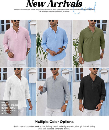 HOTRyannology Mens Linen Shirts Casual Cotton 3/4 Sleeve Regular-Fit Henley T-Shirt Summer Lightweight Beach Yoga Tops