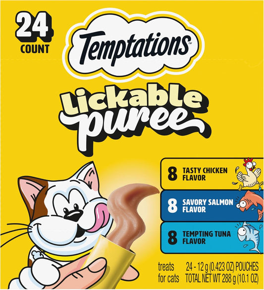 HOTTemptations Creamy Puree Cat Treats, Chicken, Salmon & Tuna, 24 Count | Under 15 calories per tube, great for senior cats, no chewing required, no added sugar, fillers, or artificial preservatives