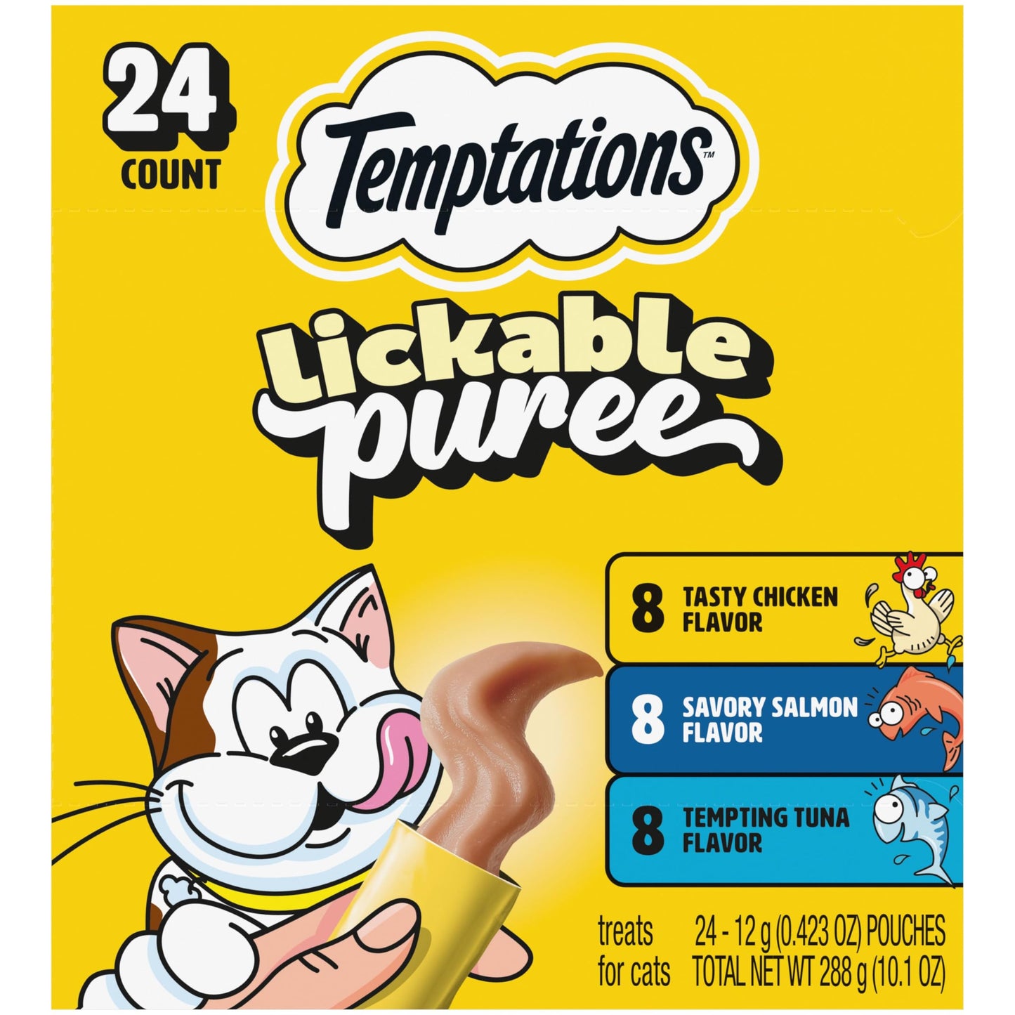 HOTTemptations Creamy Puree Cat Treats, Beef, Chicken, Salmon & Tuna, 48 Count | Beef, Salmon, Chicken & Tuna, under 15 cal/tube, no added sugar or fillers, senior-friendly, meal topper or hand-feed