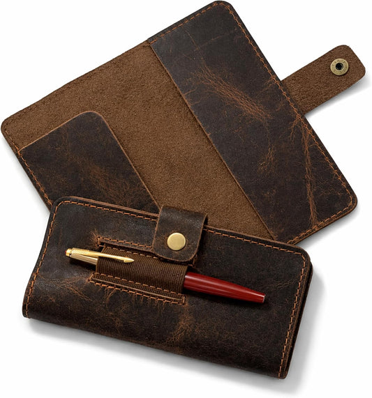 HOTLeather Checkbook Cover with Pen Loop, Full Grain Check Book Holder Wallet for Personal & Duplicate Checks, Slim Money Organizer for Men & Women – Brown