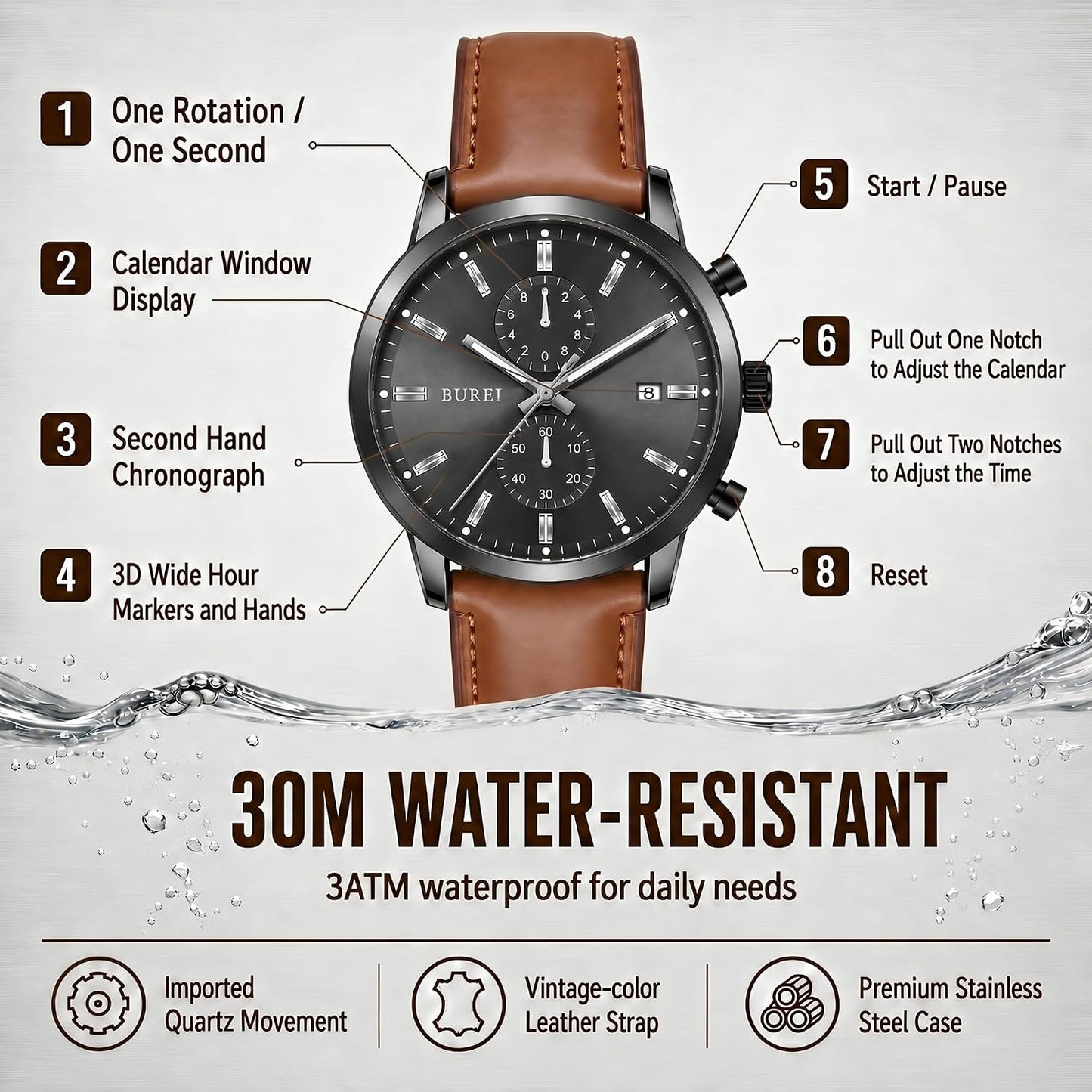 HOTBUREI Men's Leather Watches Chronograph Quartz Watches for Men Classic Cool Lightweight Wristwatch,Gift for Dad Husband Boyfriend