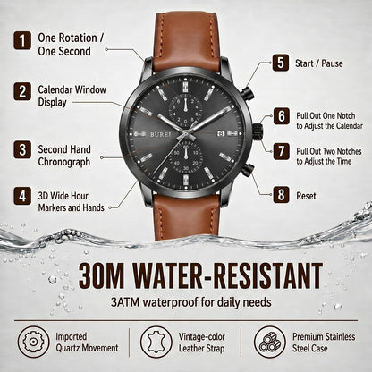 HOTBUREI Men's Leather Watches Chronograph Quartz Watches for Men Classic Cool Lightweight Wristwatch,Gift for Dad Husband Boyfriend