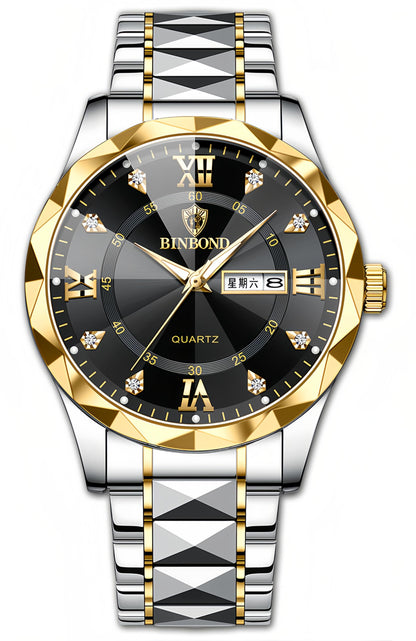 HOTGosasa Luxury Men's and Women's Business Diamond Stainless Steel Waterproof Roman Numeral Analog Quartz Watch with Day-Date Calendar, Gold and Silver Tone