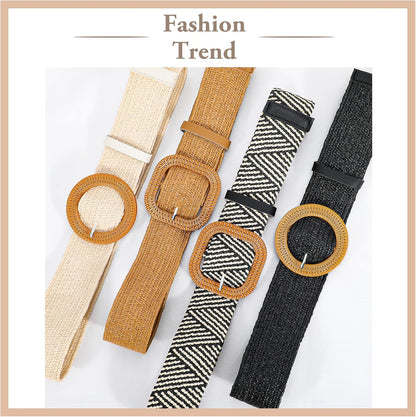 HOTVONMELLI 4 Pack Straw Woven Elastic Stretch Waist Belt for Women Fashion Dress, Boho Braided Women's Belts