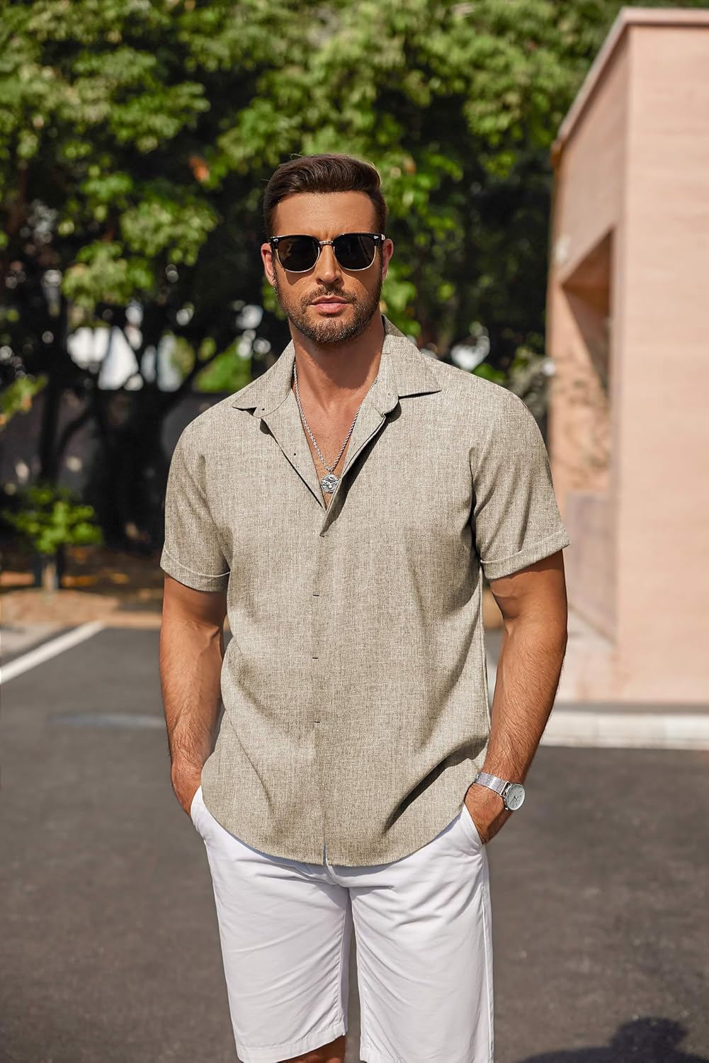 HOTCOOFANDY Men's Linen Shirts Short Sleeve Casual Shirts Button Down Shirt for Men Beach Summer Wedding Shirt