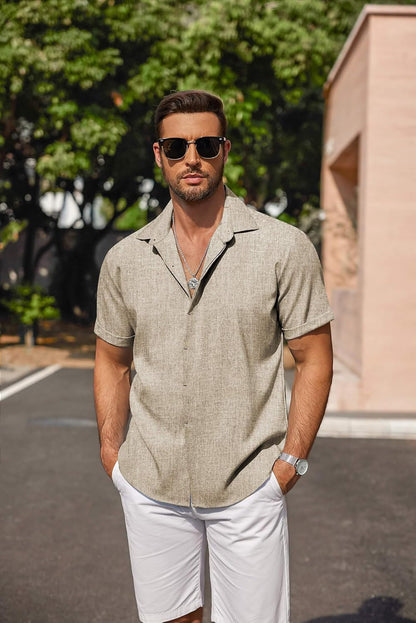 HOTCOOFANDY Men's Linen Shirts Short Sleeve Casual Shirts Button Down Shirt for Men Beach Summer Wedding Shirt