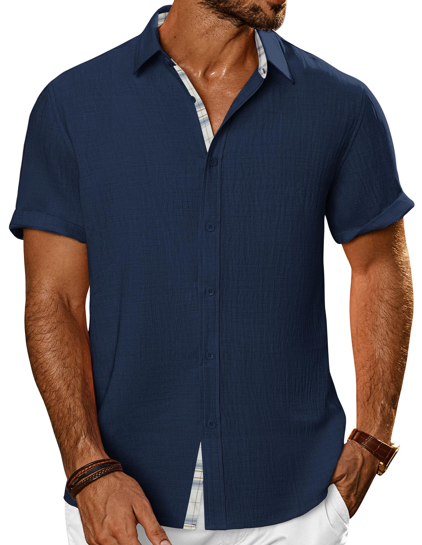 HOTPJ PAUL JONES Mens Short Sleeve Button Down Shirts Casual Summer Clothing | Linen Textured, Summer Beach Vacation Tops, Untucked Dress Shirt, Lightweight, Regular Fit, Fashion Resort Wear