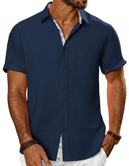 HOTPJ PAUL JONES Mens Short Sleeve Button Down Shirts Casual Summer Clothing | Linen Textured, Summer Beach Vacation Tops, Untucked Dress Shirt, Lightweight, Regular Fit, Fashion Resort Wear