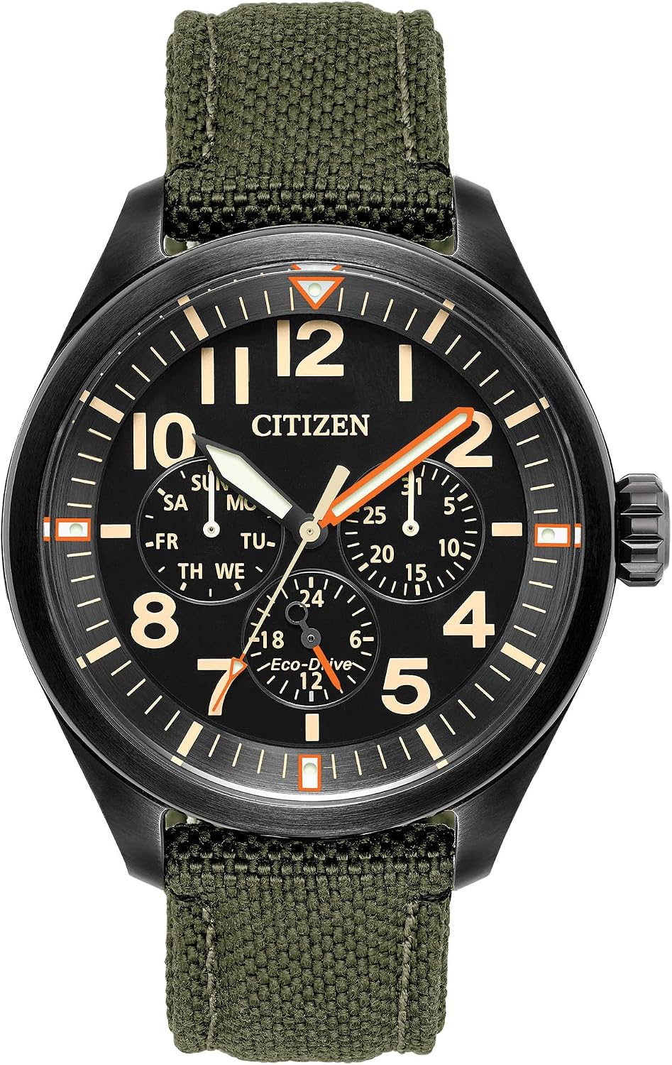 HOTCitizen Men's Eco-Drive Weekender Garrison Field Watch, in Stainless Steel with Olive Green Nylon Strap, Black Dial (Model: BU2055-16E)