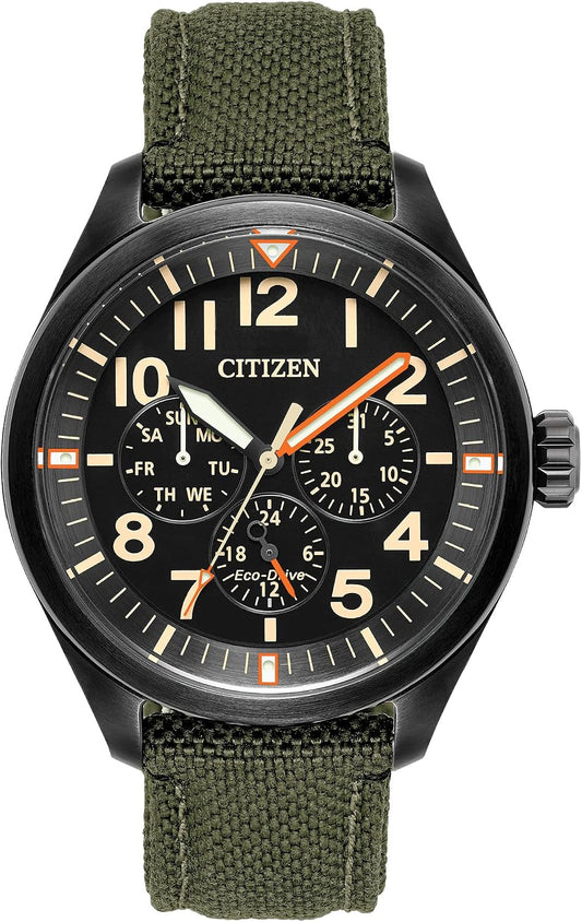 HOTCitizen Men's Eco-Drive Weekender Garrison Field Watch, in Stainless Steel with Olive Green Nylon Strap, Black Dial (Model: BU2055-16E)