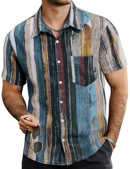 HOTVATPAVE Mens Summer Striped Shirts Button Down Short Sleeve Vintage Beach Hawaiian Shirts with Pocket