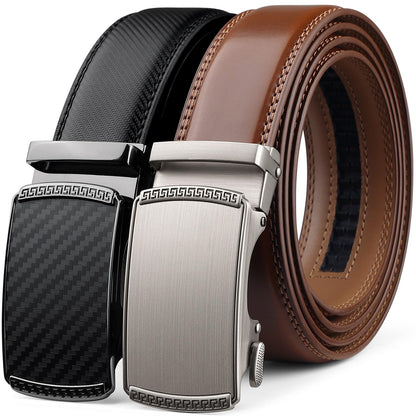 HOTFounders & C Mens Belt 2 Pack,Leather Ratchet Click Belt Dress with Slide Buckle 1 3/8" in Gift Set Box- Size Adjustable