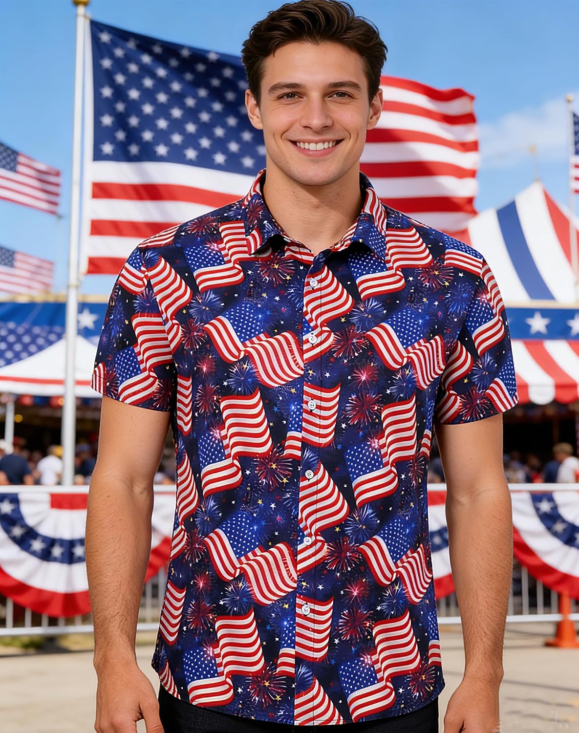 HOTuideazone Mens 4th of July American Flag Patriotic Shirt M-XXL | USA Short Sleeve Button Up Shirt for Independence Day, Memorial Days, Flag Day, 4th of July Parties, Beach Trips and Daily