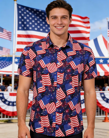 HOTuideazone Mens 4th of July American Flag Patriotic Shirt M-XXL | USA Short Sleeve Button Up Shirt for Independence Day, Memorial Days, Flag Day, 4th of July Parties, Beach Trips and Daily