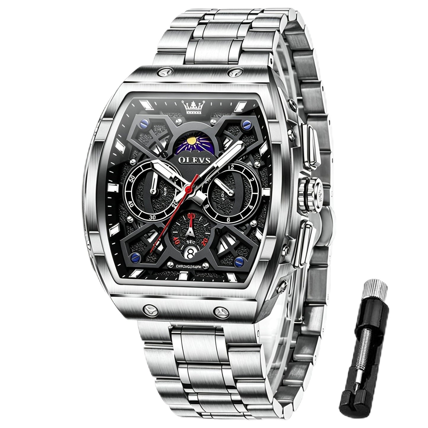 HOTOLEVS Watches for Men Analog Quartz Luxury Diamond Waterproof Chronograph Stainless Steel Big Face Square Date Moon Phase Roman Numeral Dress Mens Watches