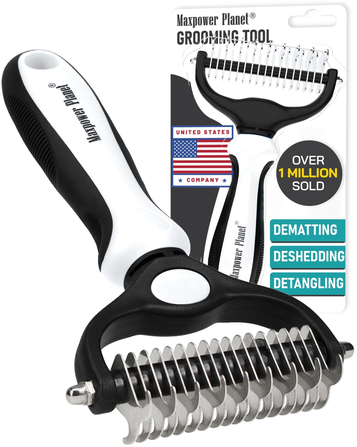 HOTMaxpower Planet Original Pet Grooming Rake - Double-Sided Deshedding Dematting Tool, Undercoat Rake for Dogs & Cats, Extra-Wide Dog Grooming Brush & Deshedder Comb for Long Hair, Reduces Shedding 95%