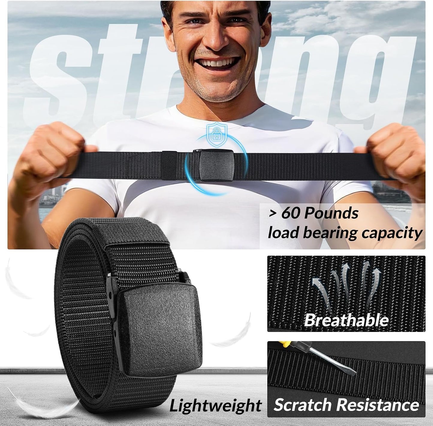 HOTJASGOOD 2 Pack Nylon Web Belt Outdoor Military Men’s Metal Free Belt with TSA Plastic Buckle