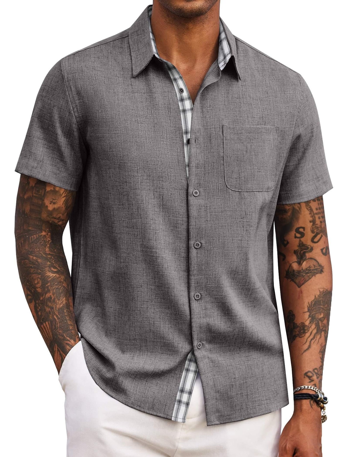 HOTCOOFANDY Men's Button Down Shirts Short Sleeve Casual Summer Beach Vacation Wedding Shirt with Pocket