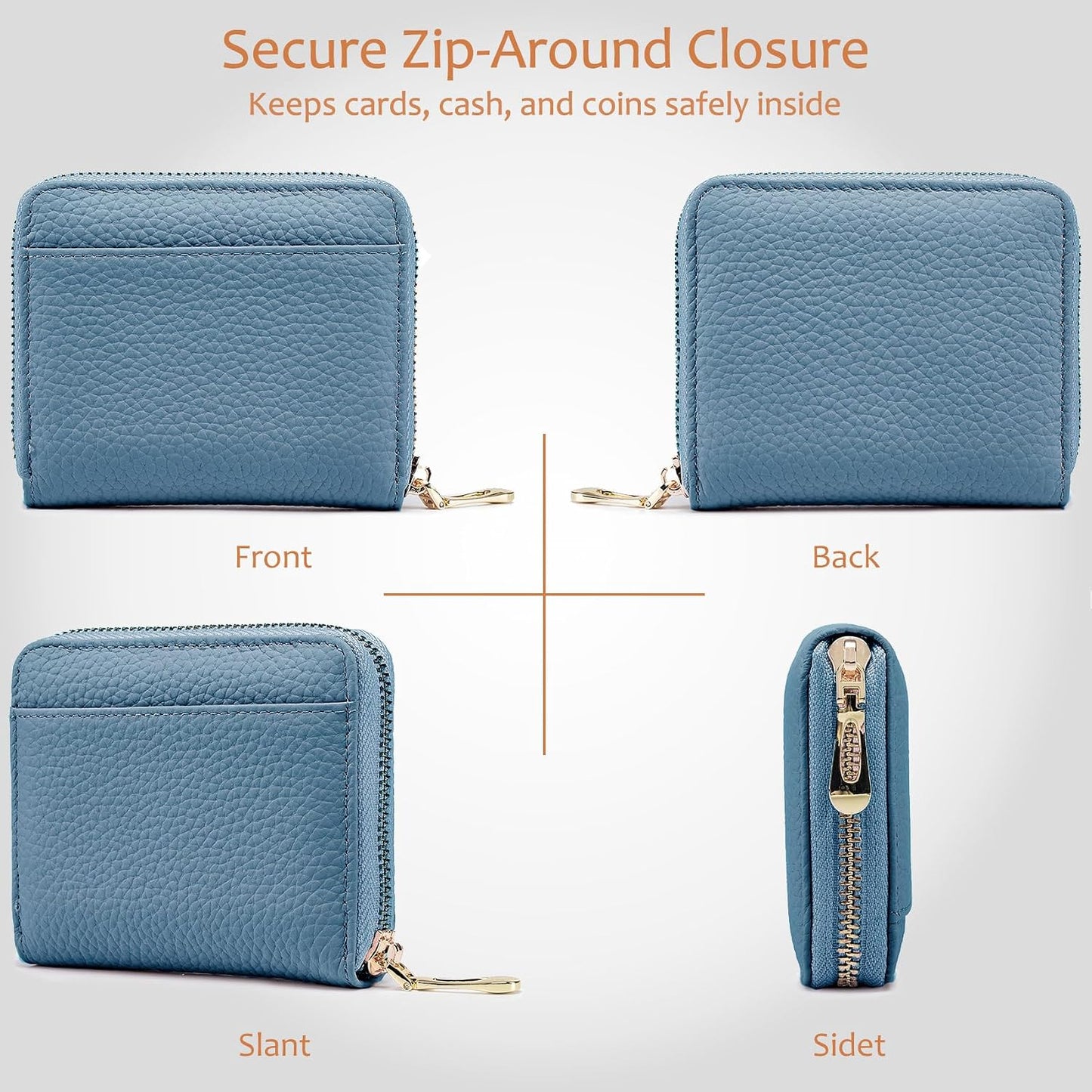 HOTSmall Leather Travel Wallet for Women, RFID Blocking Zip Around | Minimallist Wallet with Coin Purse & Card Slots, Compact Casual Wallet for Women's Travel and Gift Box Ready (Navy Blue)