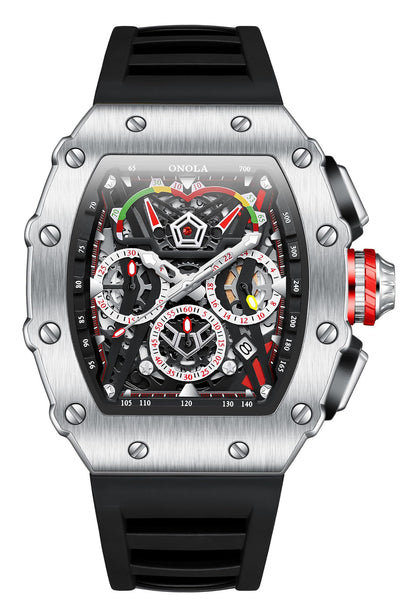 HOTFANMIS Fashion Hollowed Men Watches Tonneau Skeleton Dial Big Face 30M Water Resistant Chronograph Casual Watch with Silicone Strap Multifunctional Outdoor Sports Watch for Men’s