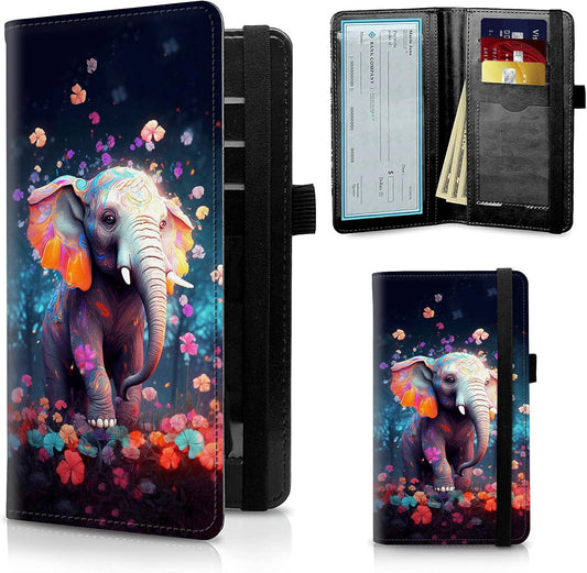 HOTFUYOCWE Leather Checkbook Covers for Men Women Check Book Holder Cover Wallets for Personal Checkbook Duplicate Checks with RFID Blocking & Elastic Strap-Cute Eelephant & Colorful Flowers