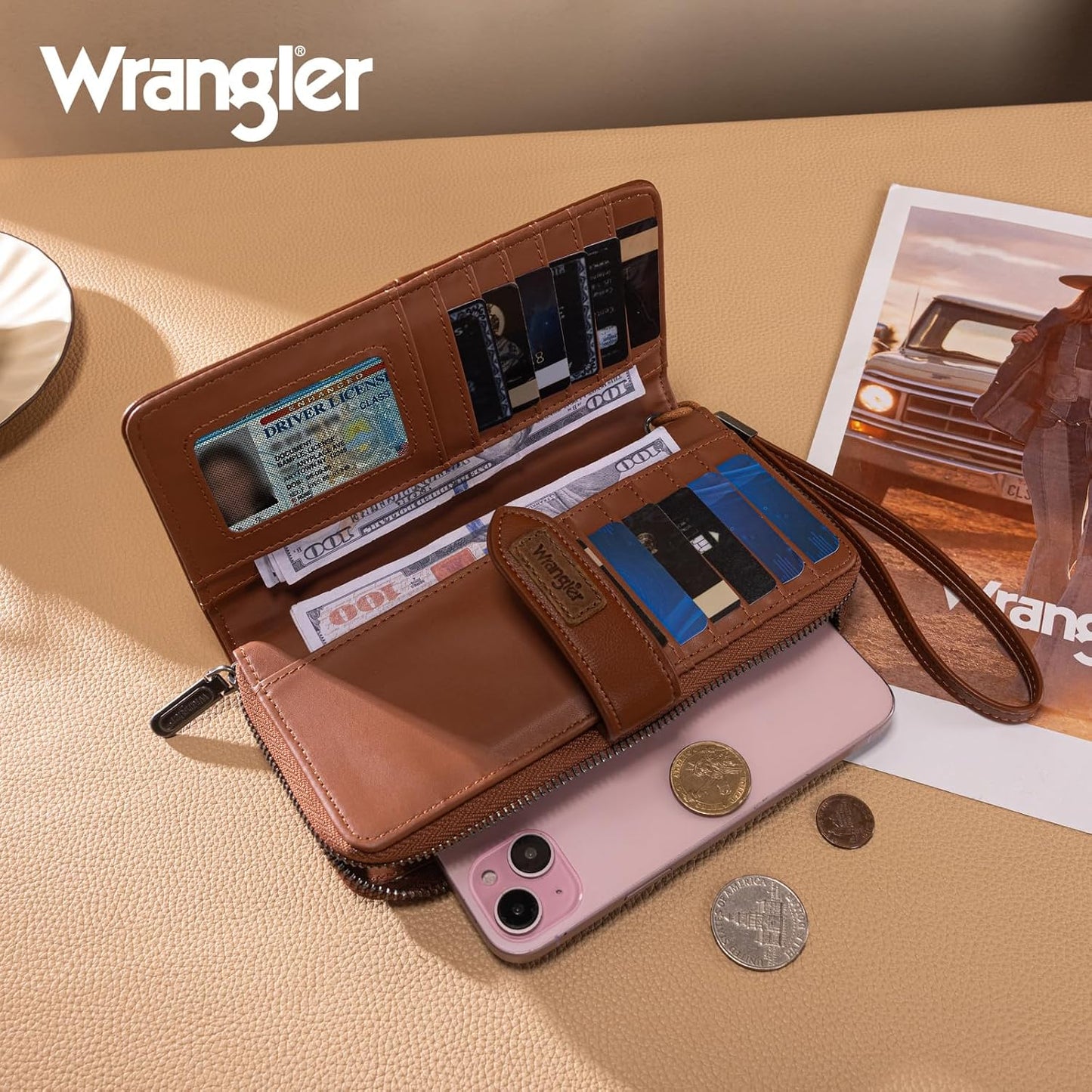 HOTX Wrangler Women's Wallets Bifold Wristlet Wallets for Women Large Capacity Credit Card Wallet with ID Window