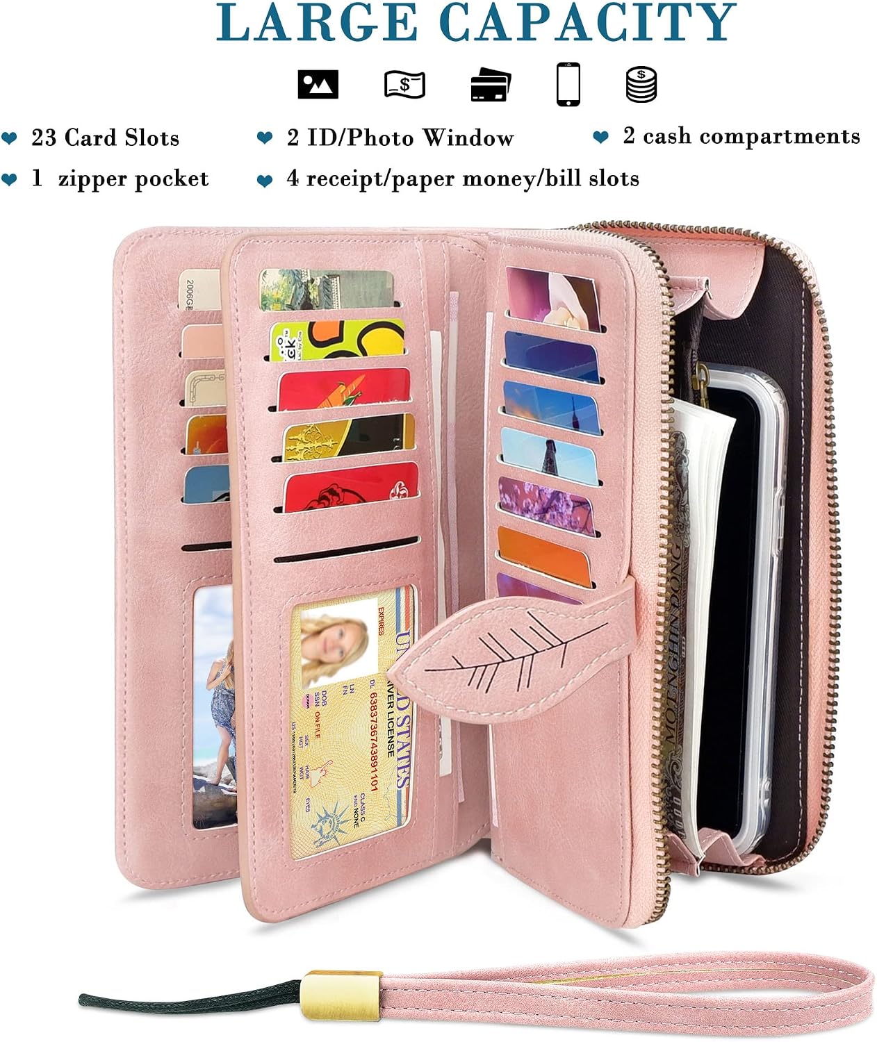 HOTCONISY RFID Wallet Women Large Capacity, Long Leather Clutch Wallet Credit Card Holder for Women with Wristlet