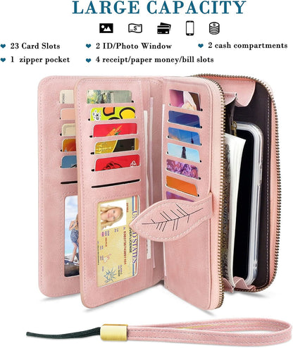 HOTCONISY RFID Wallet Women Large Capacity, Long Leather Clutch Wallet Credit Card Holder for Women with Wristlet
