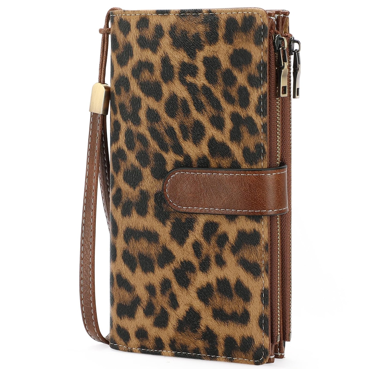 HOTGOIACII Large Wallet for Women Leather Wristlet Brown | RFID Blocking, Multi-card Slots, Detachable Wrist Strap, Trifold Clutch Purse