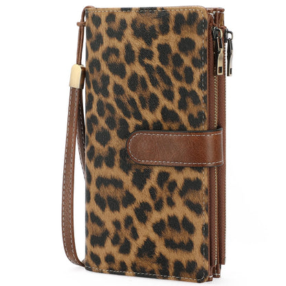 HOTGOIACII Large Wallet for Women Leather Wristlet Brown | RFID Blocking, Multi-card Slots, Detachable Wrist Strap, Trifold Clutch Purse