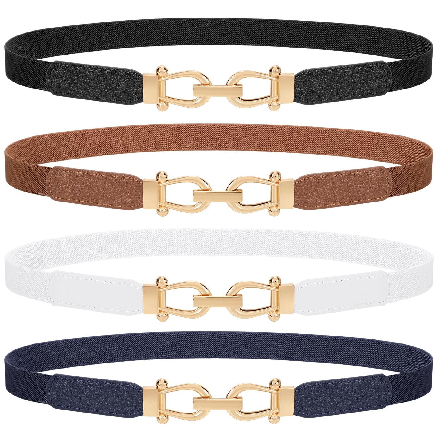 HOTTRIWORKS 4 Pack Women Skinny Elastic Belts Gold Buckle Thin Stretchy Waist Belts for Dresses