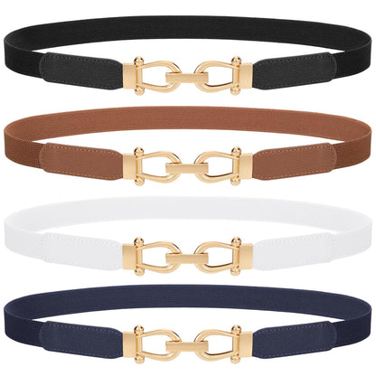 HOTTRIWORKS 4 Pack Women Skinny Elastic Belts Gold Buckle Thin Stretchy Waist Belts for Dresses