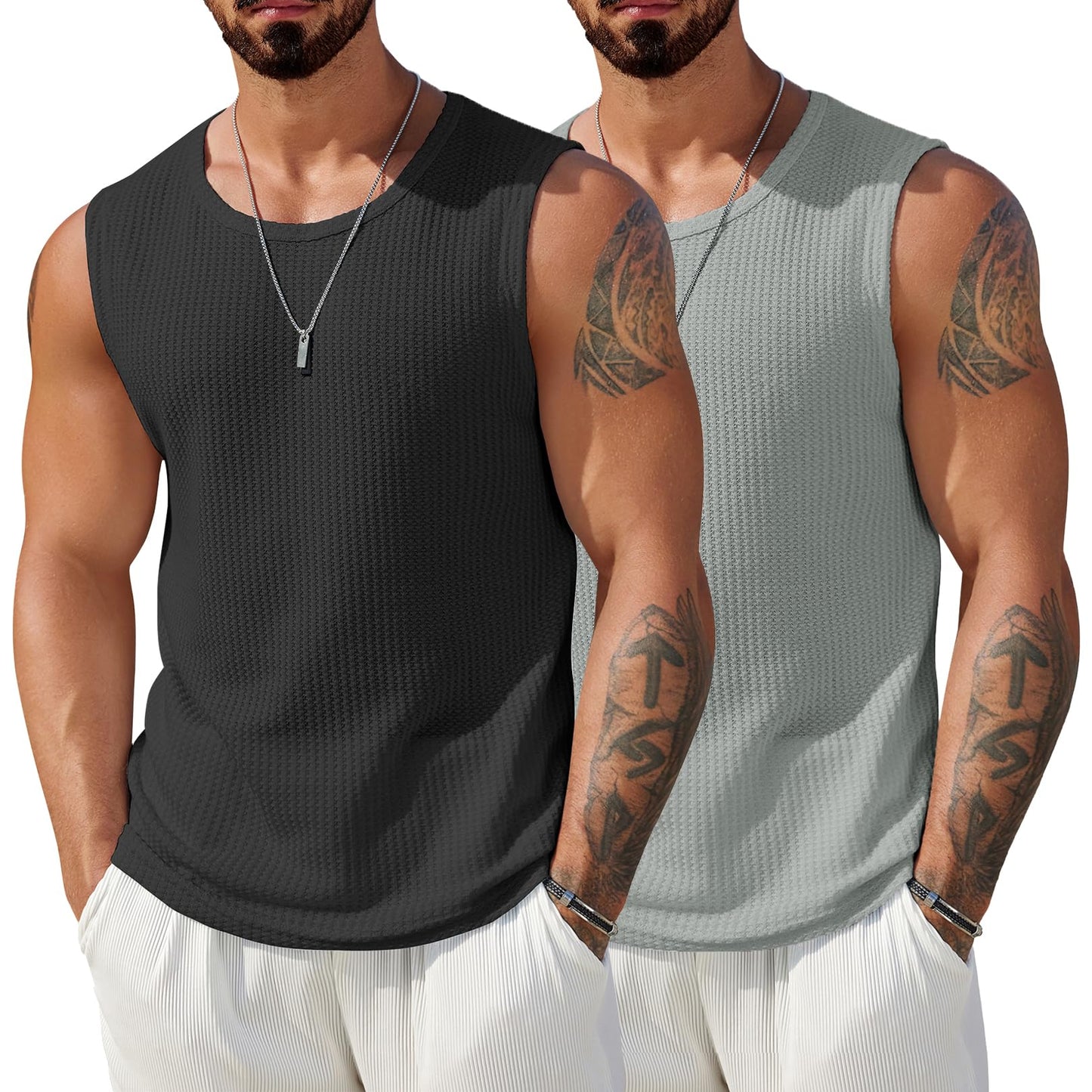 HOTCOOFANDY Mens Casual Tank Tops 2 Pack Waffle Knit Sleeveless Shirt Breathable Tank Shirts Summer Muscle Tee