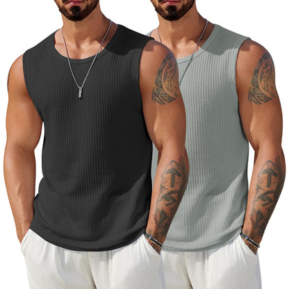 HOTCOOFANDY Mens Casual Tank Tops 2 Pack Waffle Knit Sleeveless Shirt Breathable Tank Shirts Summer Muscle Tee