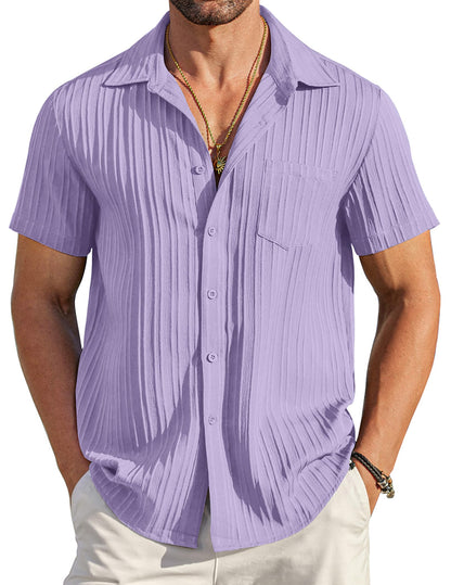 HOTCOOFANDY Men's Casual Button Down Shirts Short Sleeve Textured Summer Beach Shirt with Pocket